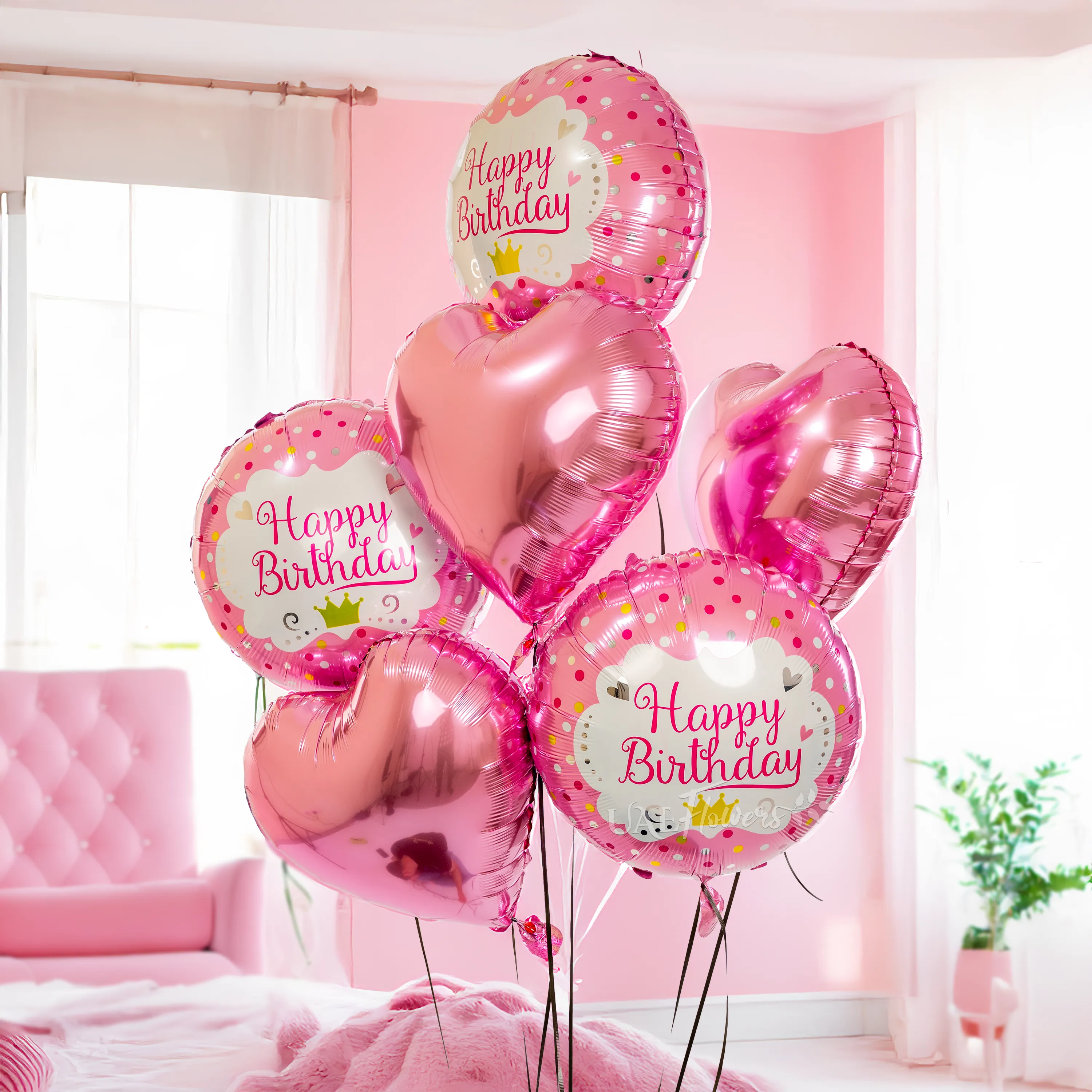 3 Happy Birthday Foil and 3 pink heart foil balloons.