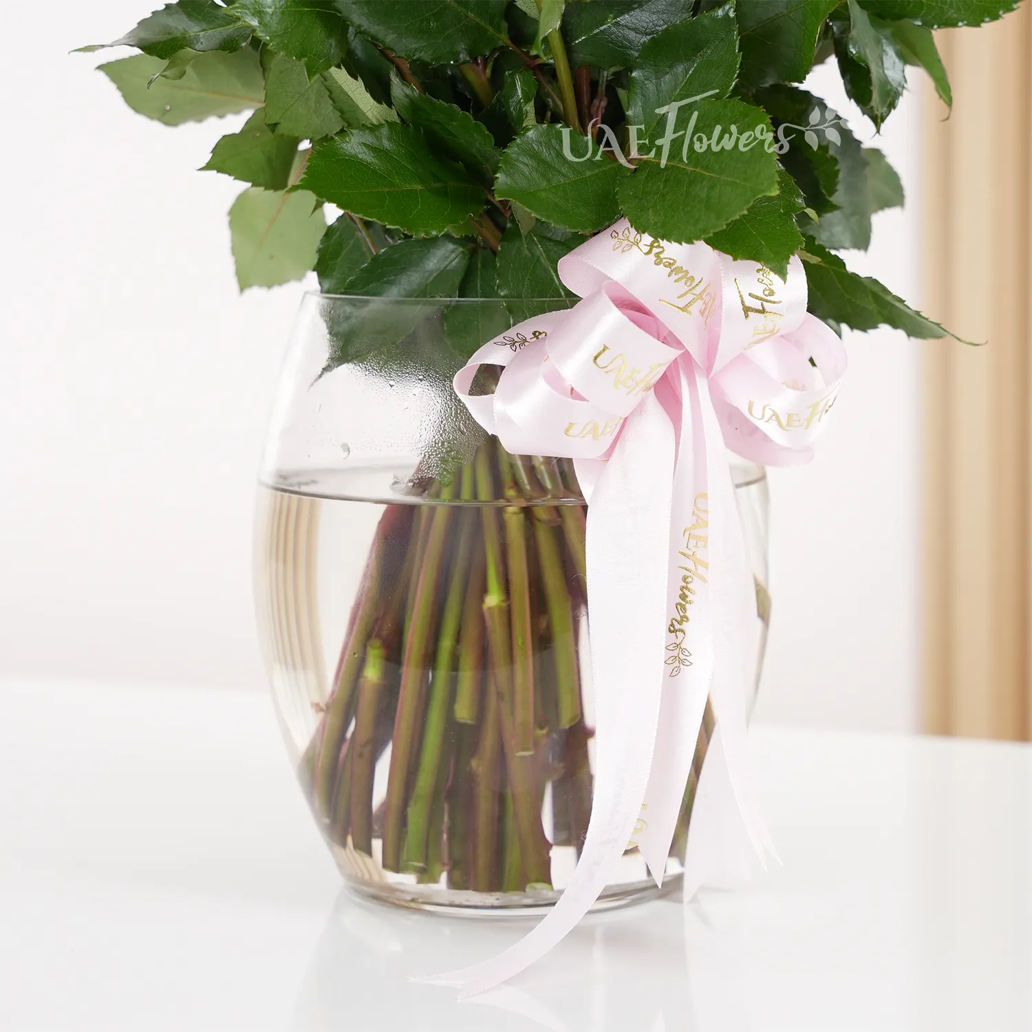 A vase arrangement of 40 purple roses with green filler and tied with pink ribbons.