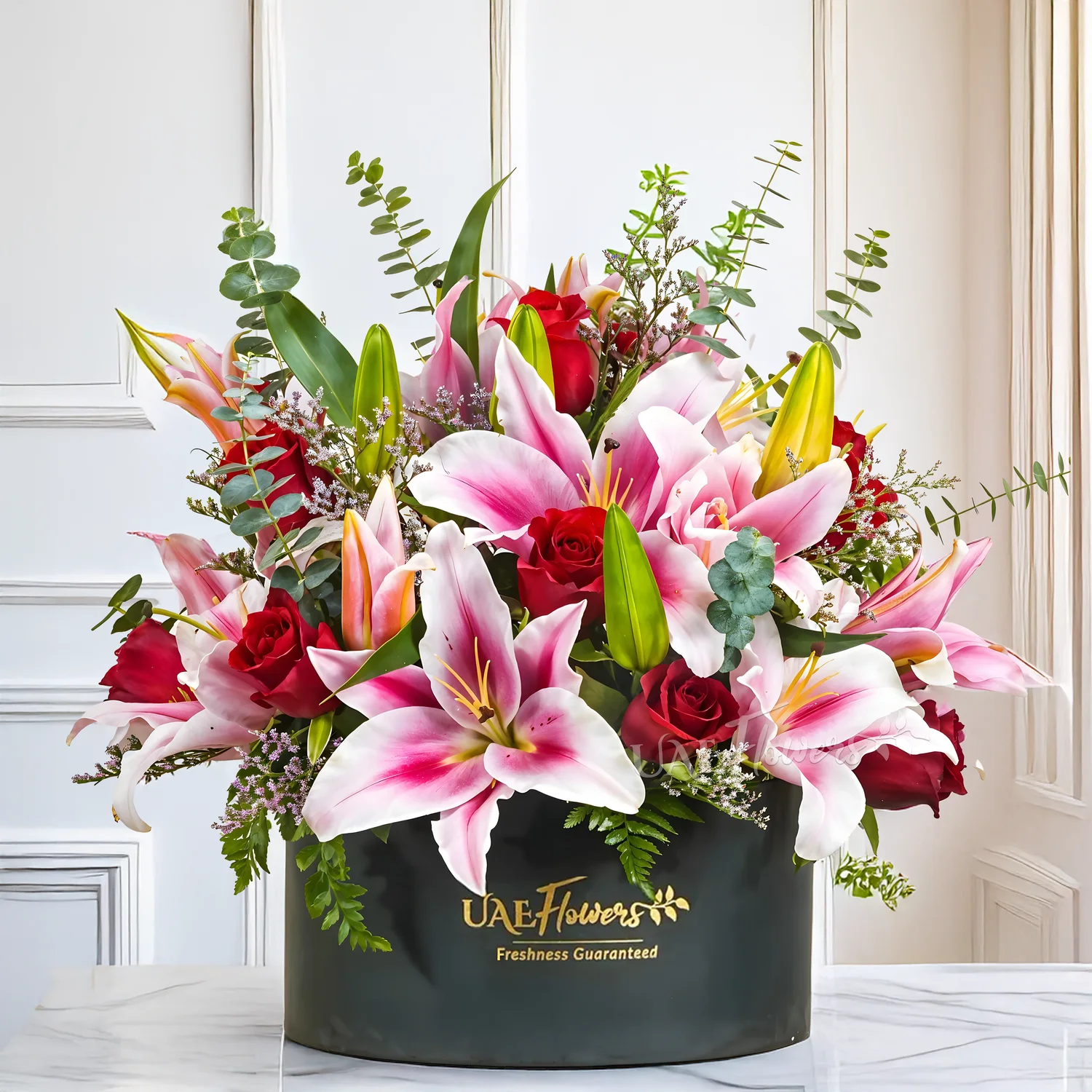 Black Box of 5 Pink Lilies & 12 Red Roses with fillers