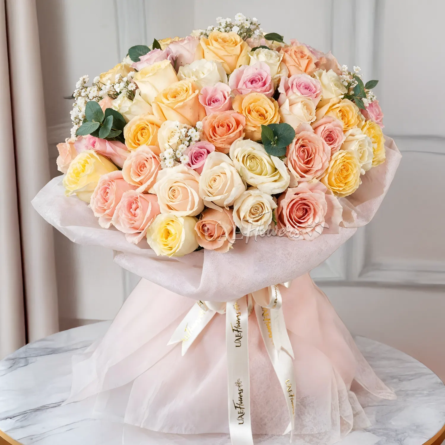 Bouquet Of 50 pastel-colored roses in a nice wrapping