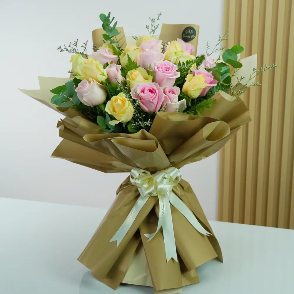 peach roses, pink roses, Bouquet