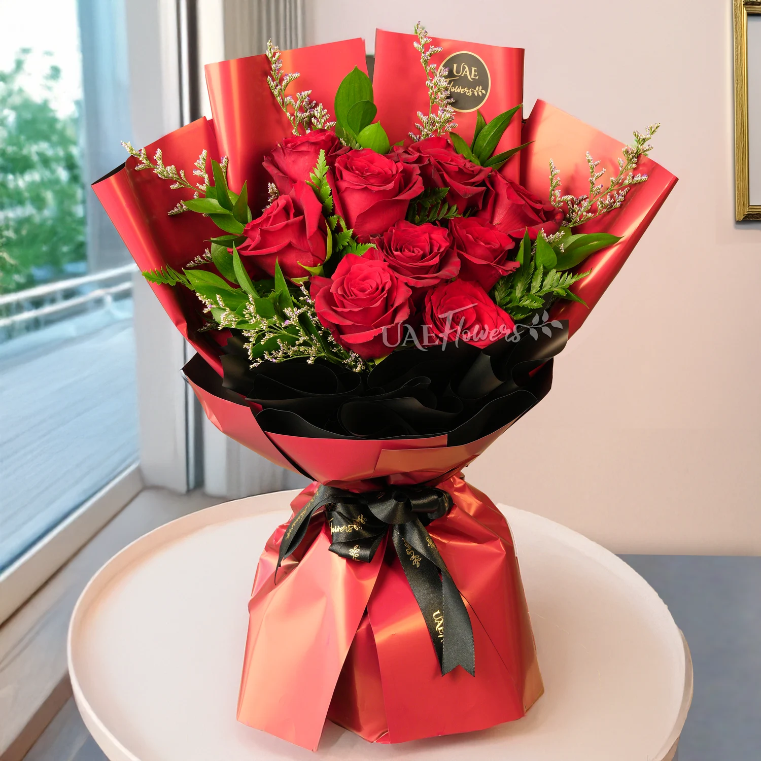 red roses, black ribbon, Bouquet of  red roses