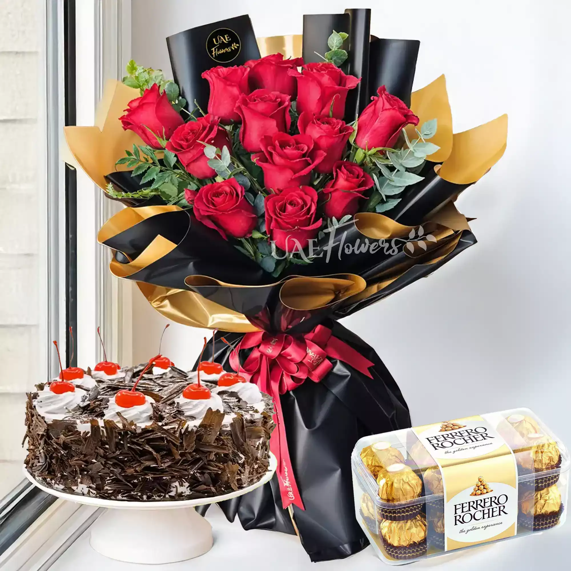 red rose, black forest cake, Ferrero Rocher chocolate, Bouquet