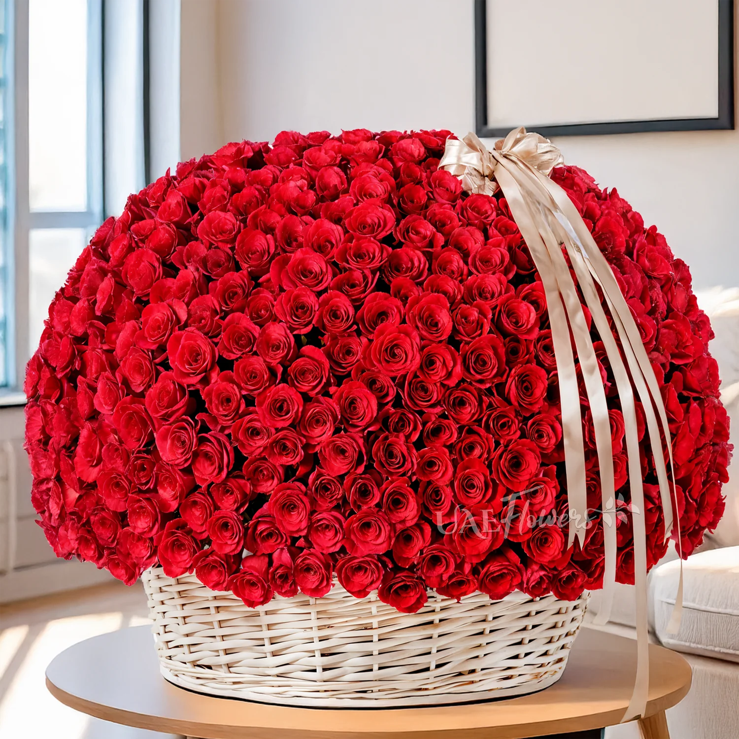 500 red roses in a basket.