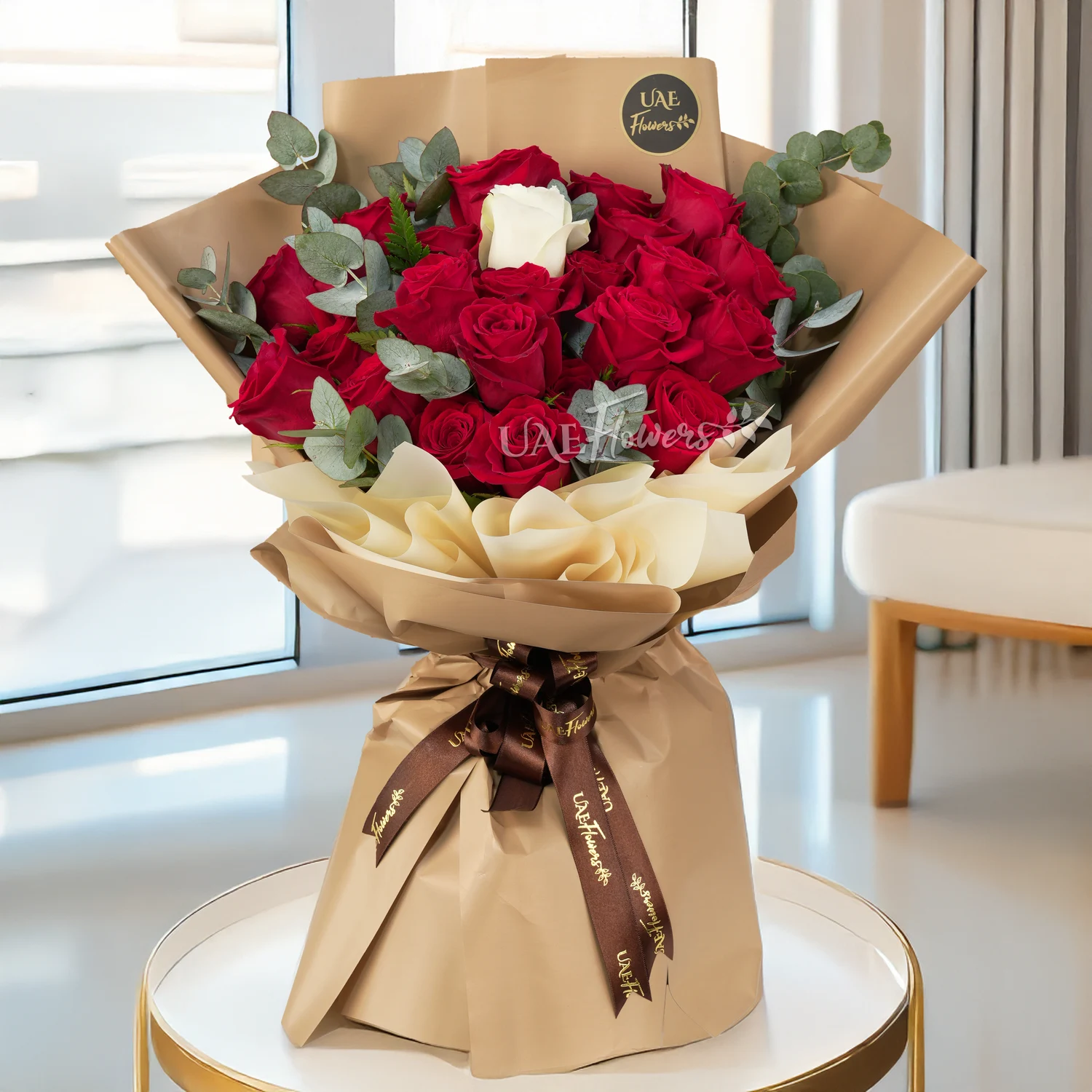 red roses, white roses , brown ribbons. bouquet