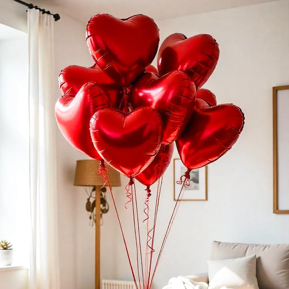 Set of 10 Red Heart Shaped Foil Balloons.