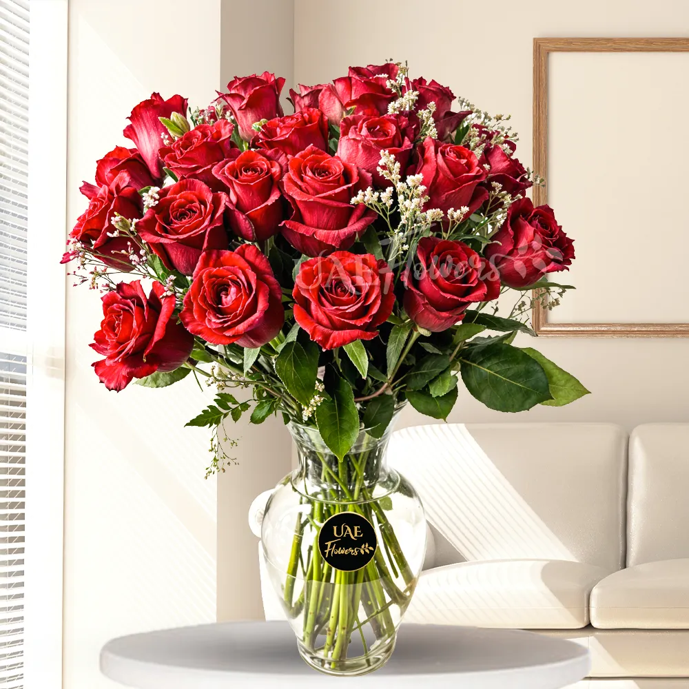Vase with 20 Stems of Red Roses with Greens