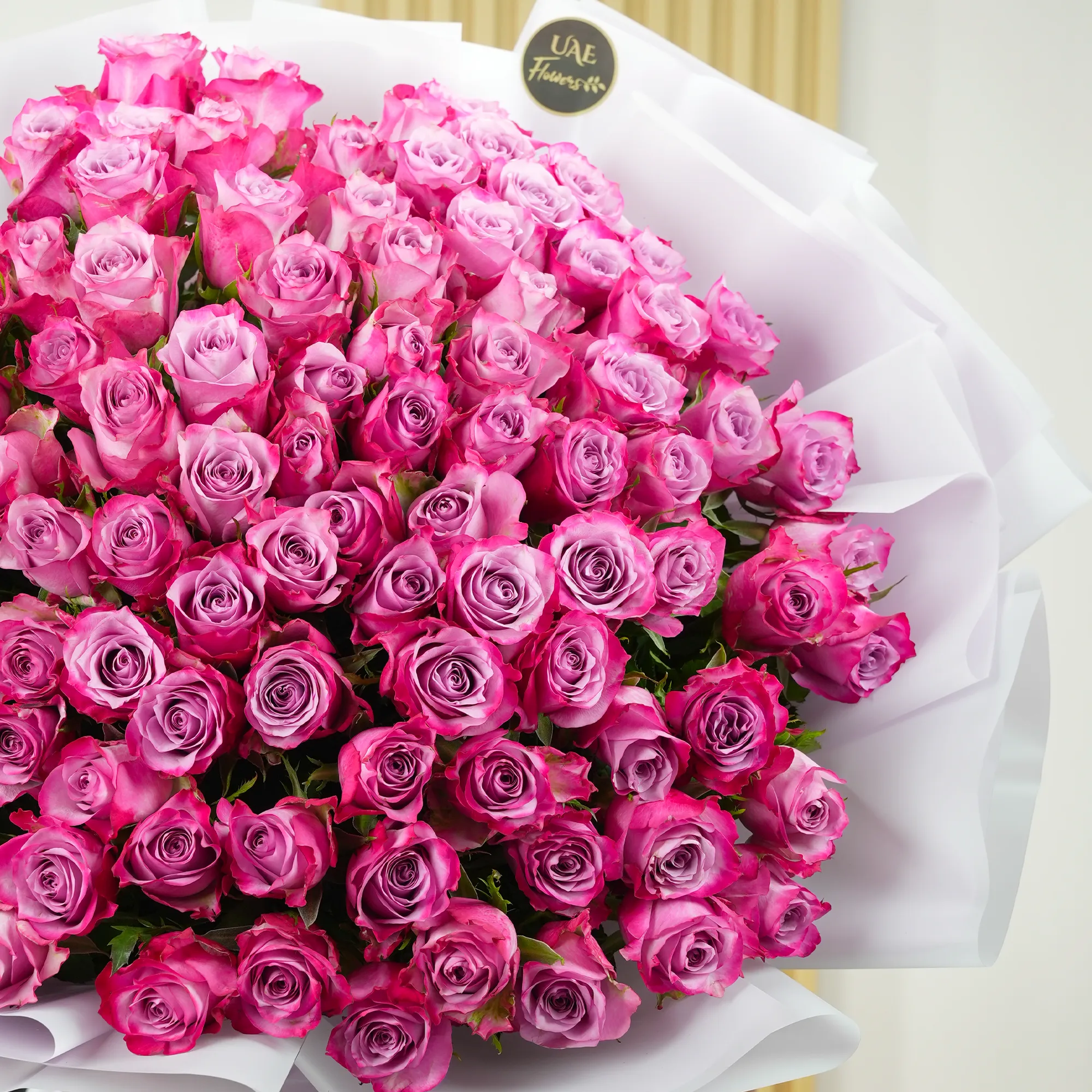 Bouquet of 100 purple roses with fillers in a white wrapping tied with ribbons.