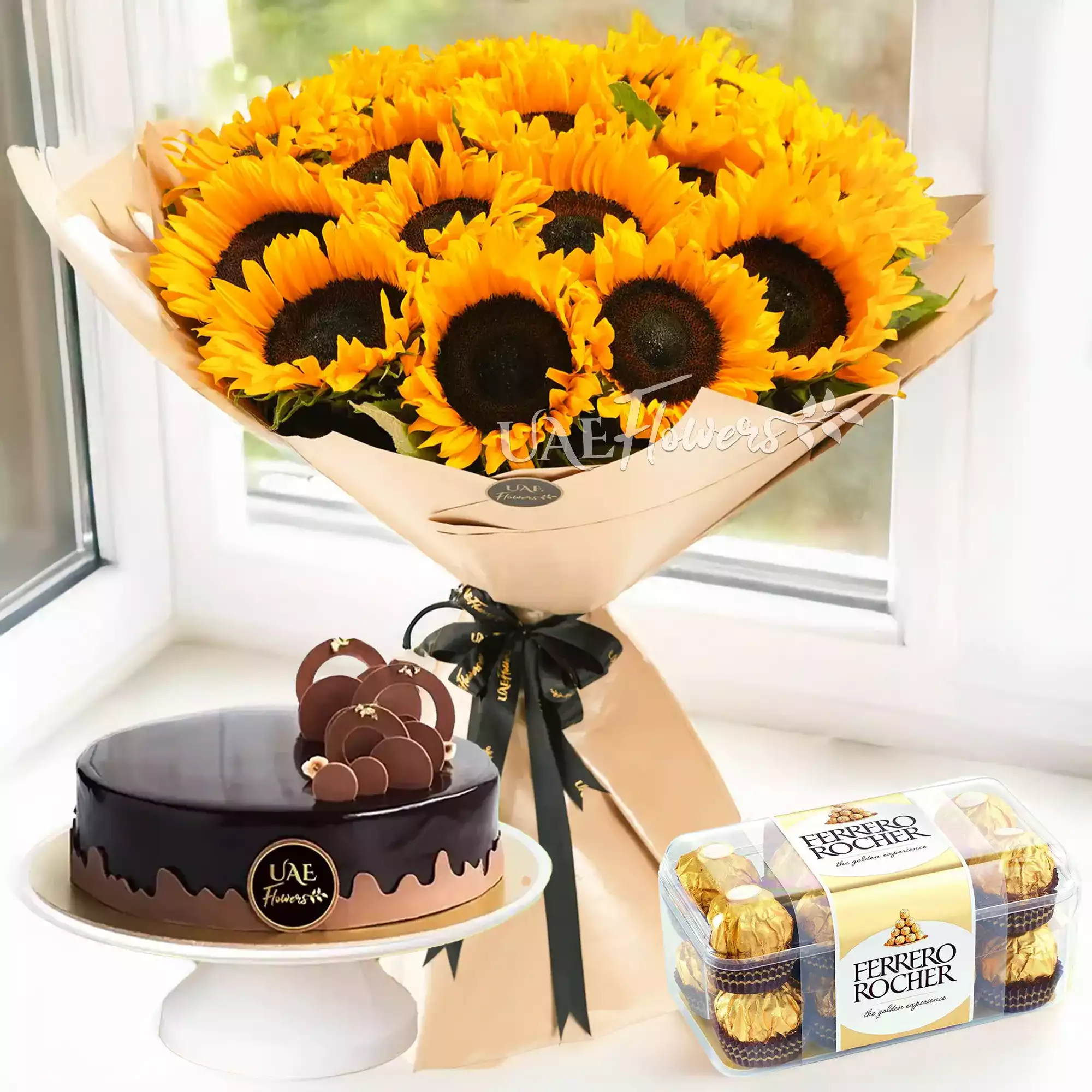 Bouquet of sunflowers, 1 kg chocolate cake, 16 pcs of ferrero rocher chocolate.