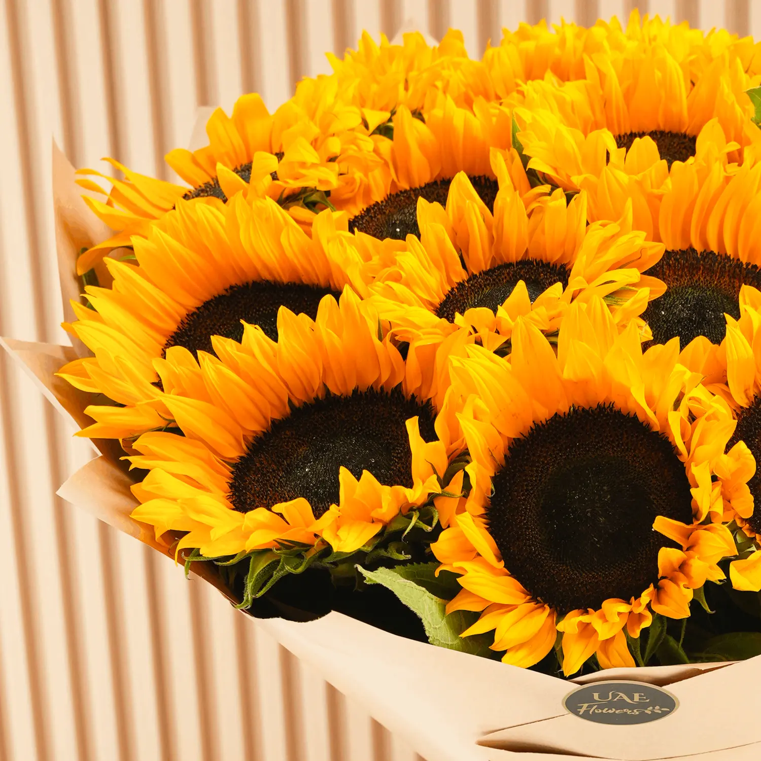 Bouquet of 20 sunflowers with fillers in brown wrapping paper and tied with ribbons.