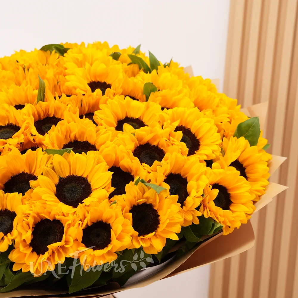 Bouquet of 70 sunflowers with fillers in brown paper packing and tied with ribbons.