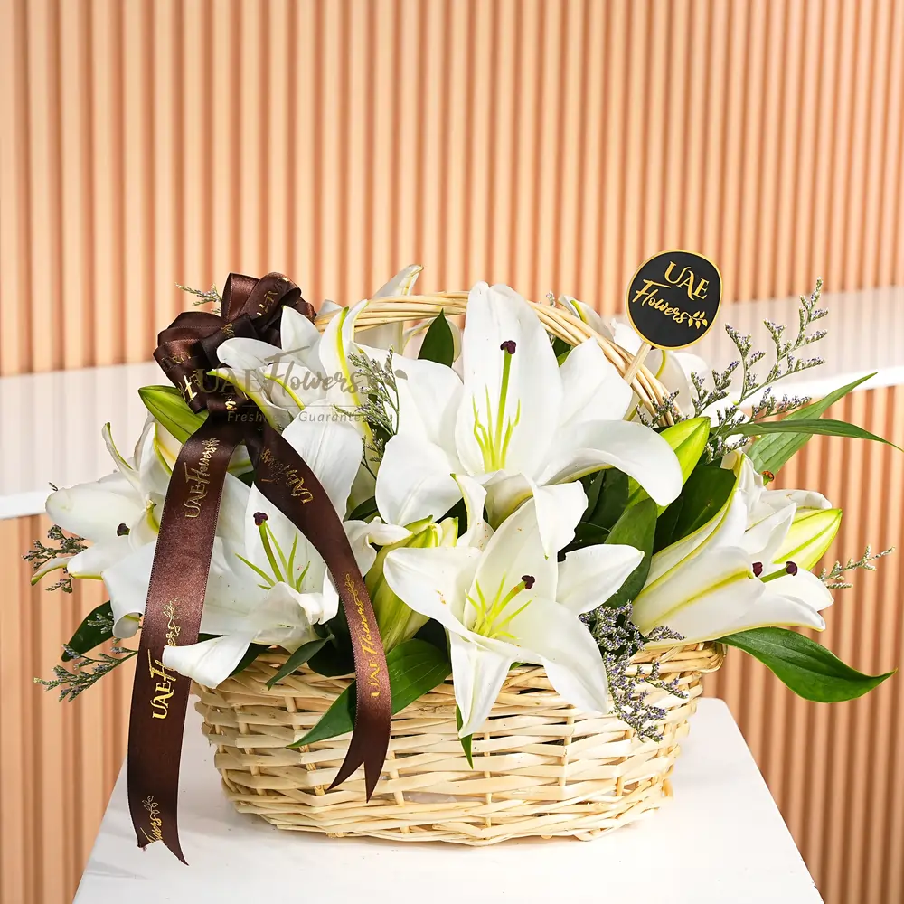 Arrangement of 5 white lilies with limonium fillers in a basket.