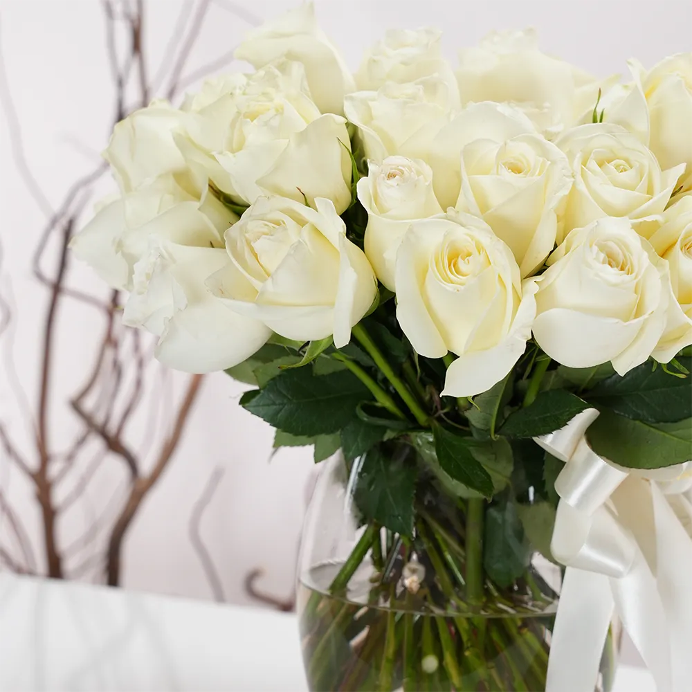 White roses, glass vase